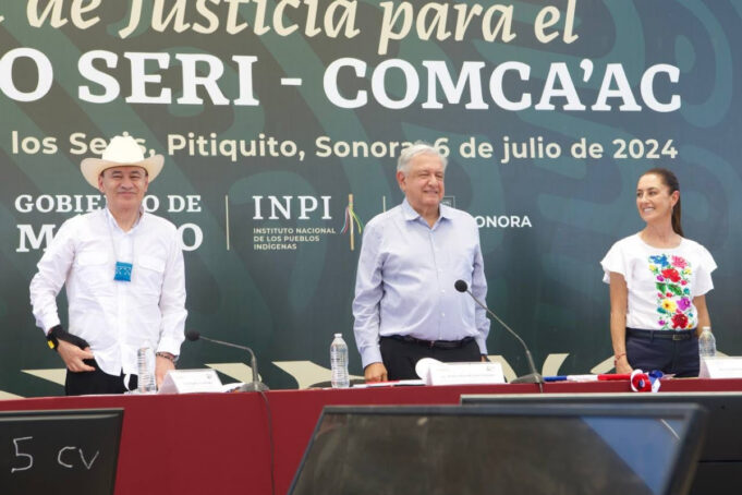 Presiden Gobernador Durazo, presidente López Obrador y presidenta electa Sheinbaum continuidad de restitución de derechos a comunidad Seri